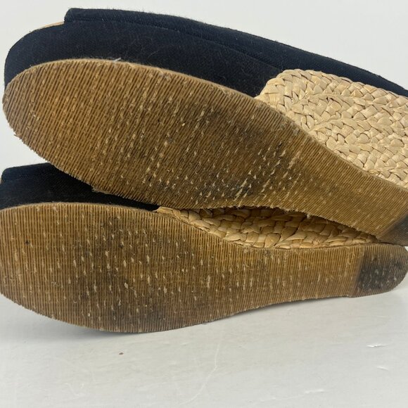 Laundry List Wedge Sandals Size 8.5 EU 39 Black Beige Fabric Heel 3.5in Open Toe - Picture 6 of 6